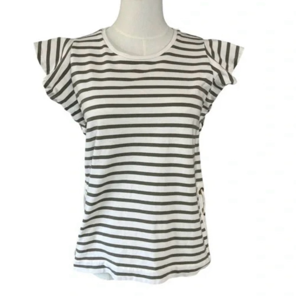 Lauren Ralph Lauren Dezry Olive Green and Cream Stripe Flutter Sleeve Top Size M